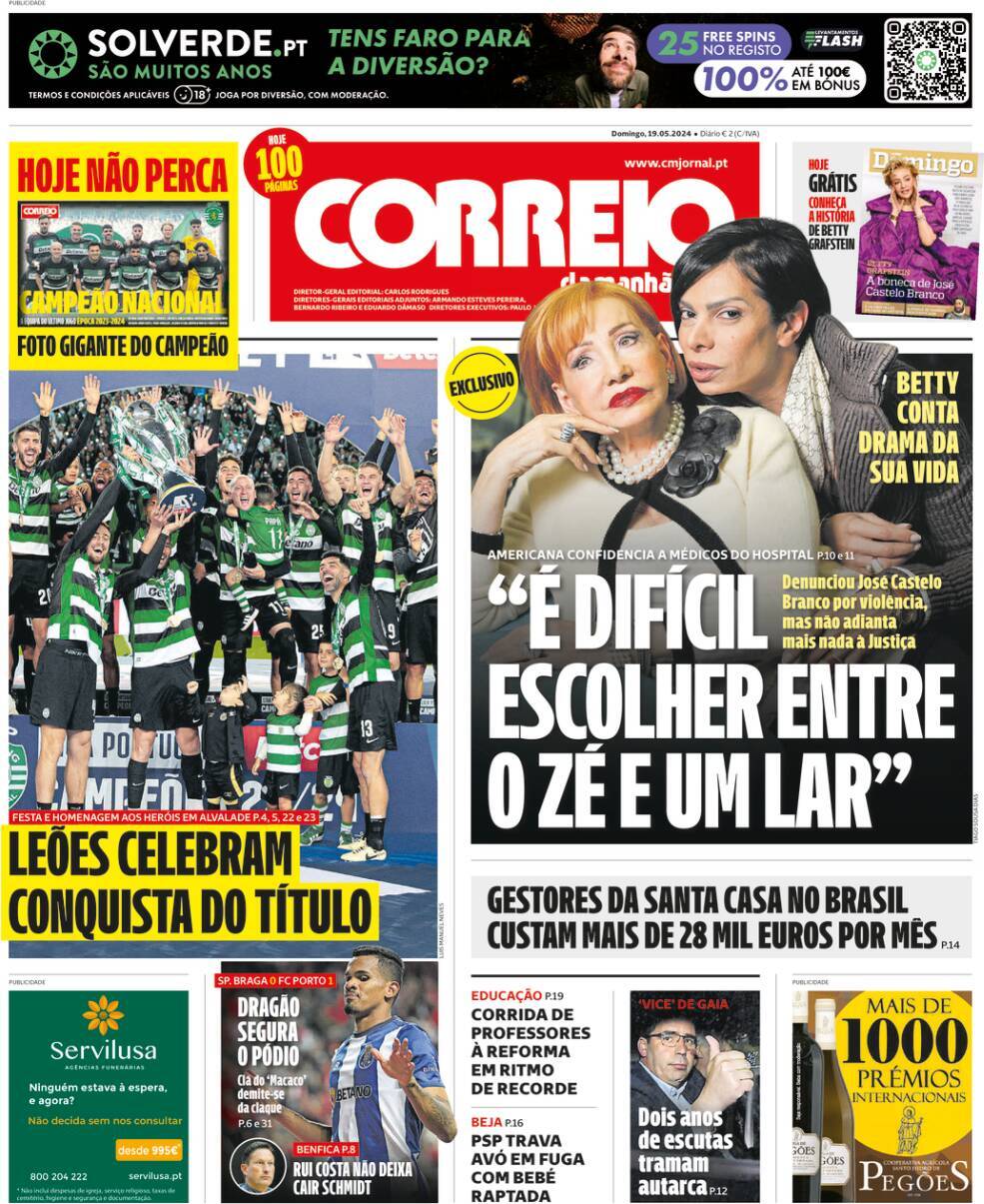 A Bola: Capa da Edi&ccedil;&atilde;o de domingo, 19 de maio 2024