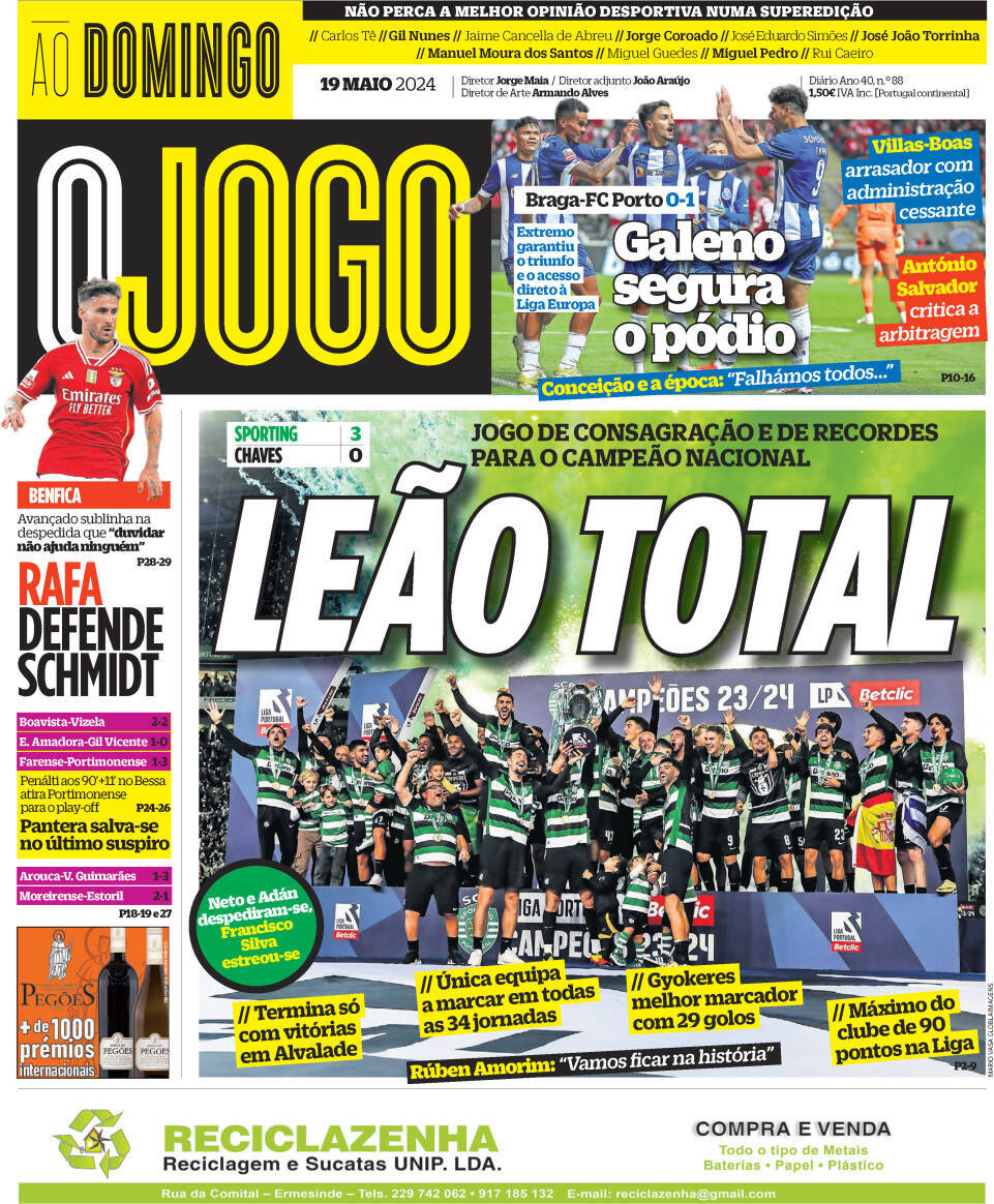 O Jogo: Capa da Edi&ccedil;&atilde;o de domingo, 19 de maio 2024