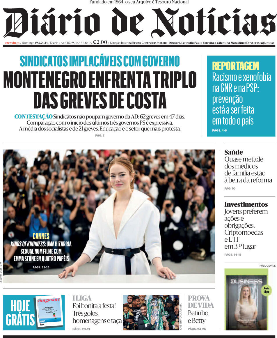 Di&aacute;rio de Not&iacute;cias: Capa da Edi&ccedil;&atilde;o de domingo, 19 de maio 2024