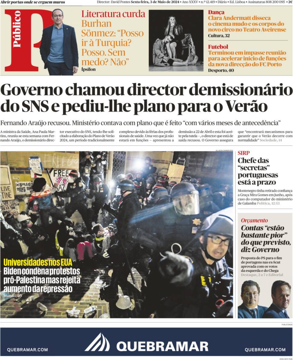 P&uacute;blico: Capa da Edi&ccedil;&atilde;o de sexta-feira, 03 de maio 2024