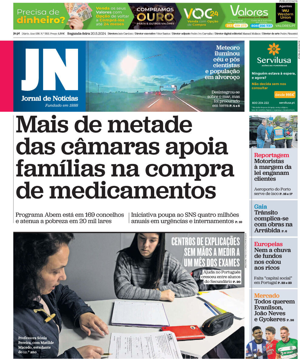 Jornal de Not&iacute;cias: Capa da Edi&ccedil;&atilde;o de segunda-feira, 20 de maio 2024
