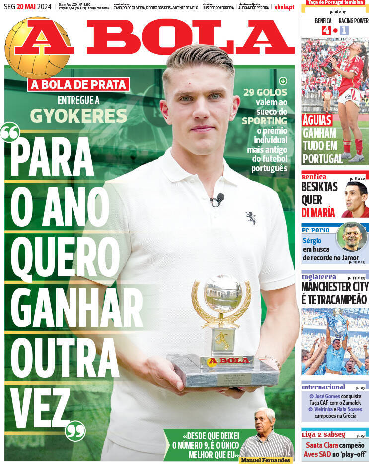 A Bola: Capa da Edi&ccedil;&atilde;o de segunda-feira, 20 de maio 2024