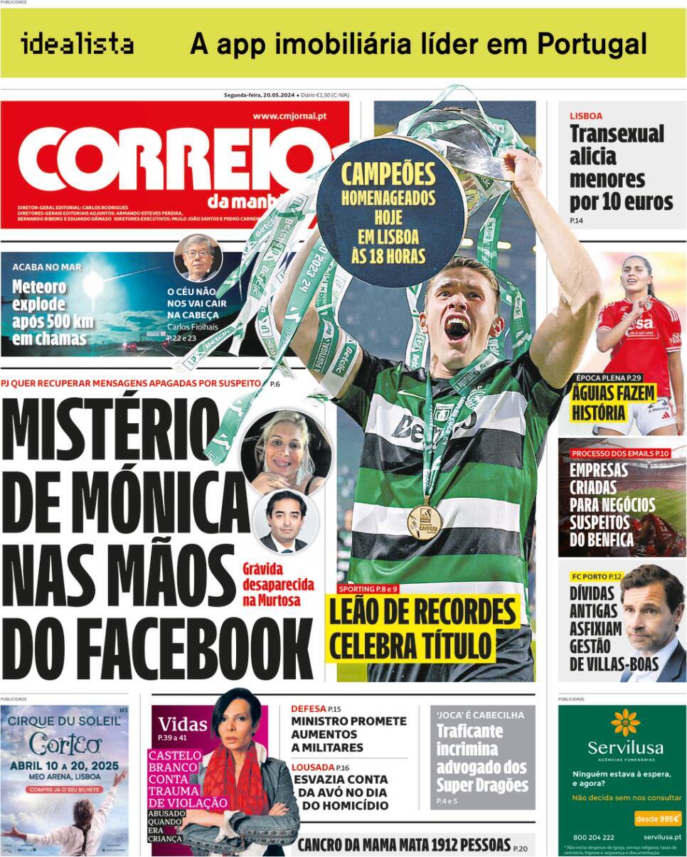 Correio da Manh&atilde;: Capa da Edi&ccedil;&atilde;o de segunda-feira, 20 de maio 2024