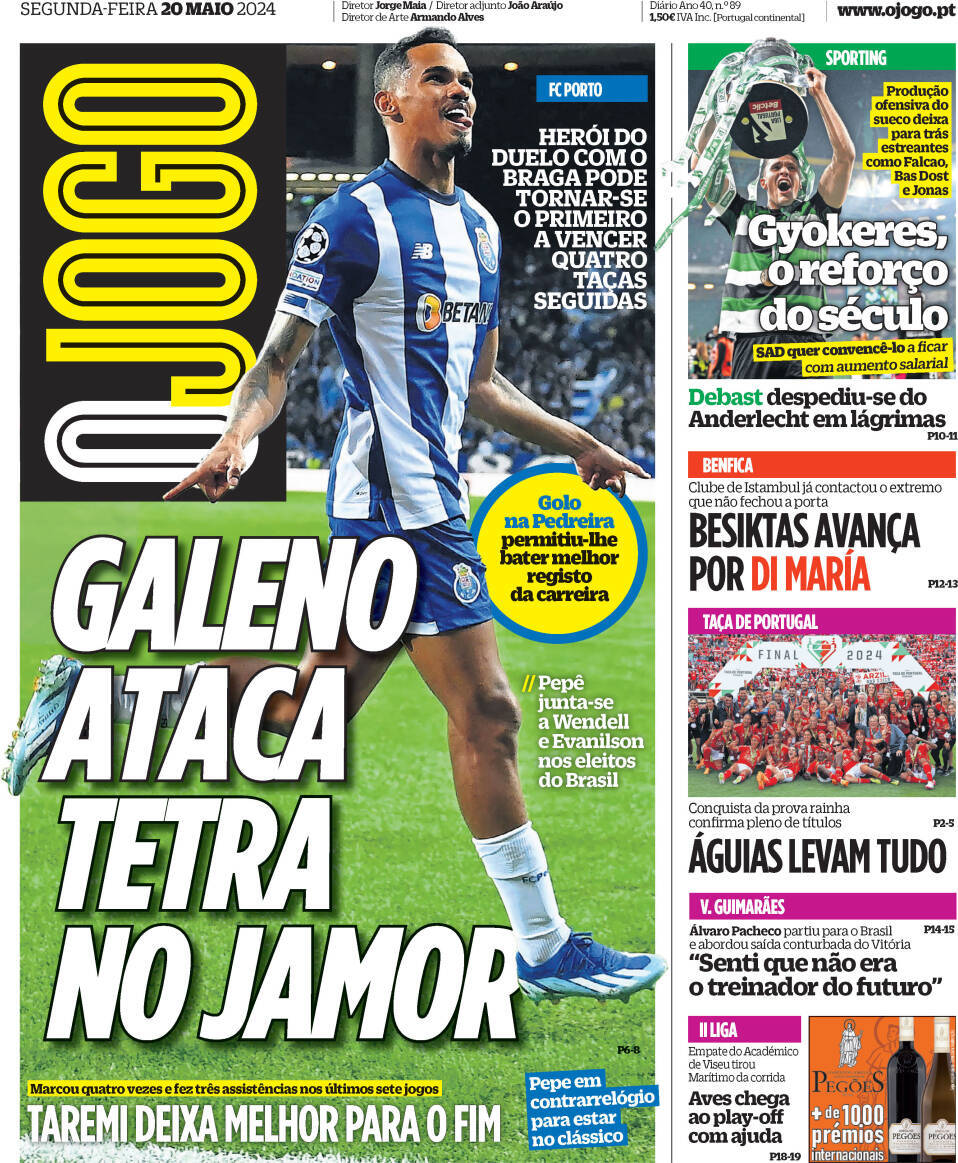 O Jogo: Capa da Edi&ccedil;&atilde;o de segunda-feira, 20 de maio 2024