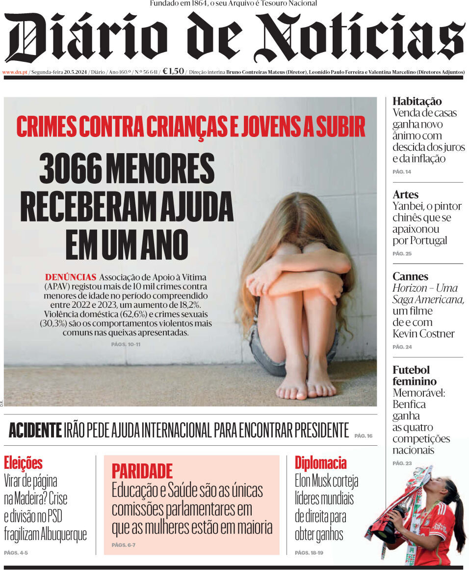 Di&aacute;rio de Not&iacute;cias: Capa da Edi&ccedil;&atilde;o de segunda-feira, 20 de maio 2024