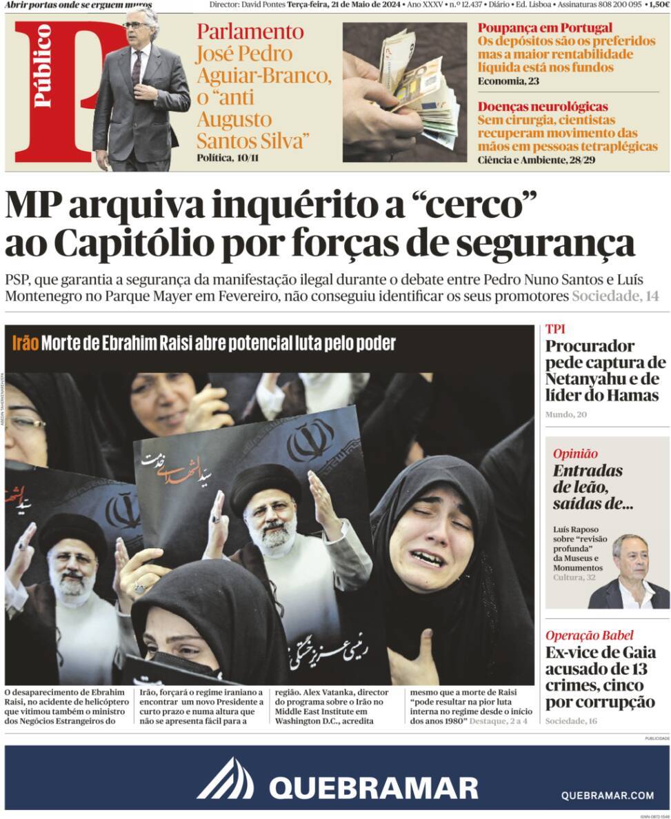 Jornal de Not&iacute;cias: Capa da Edi&ccedil;&atilde;o de ter&ccedil;a-feira, 21 de maio 2024
