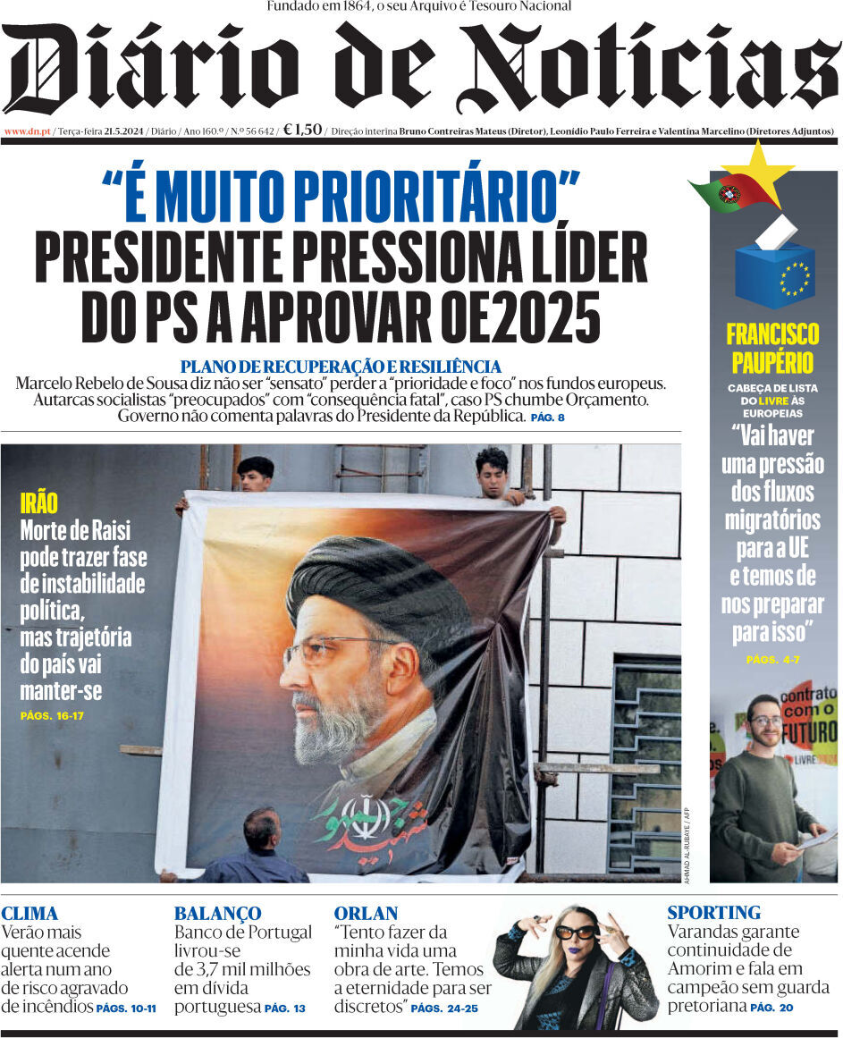 Di&aacute;rio de Not&iacute;cias: Capa da Edi&ccedil;&atilde;o de ter&ccedil;a-feira, 21 de maio 2024