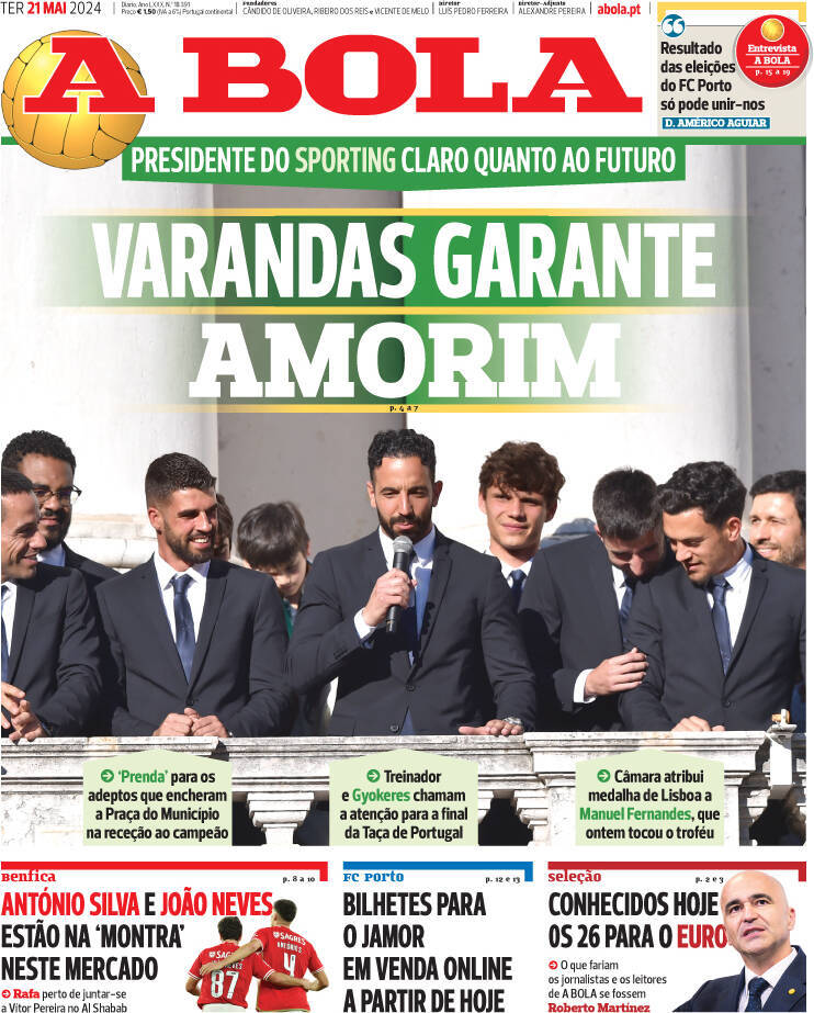 A Bola: Capa da Edi&ccedil;&atilde;o de ter&ccedil;a-feira, 21 de maio 2024