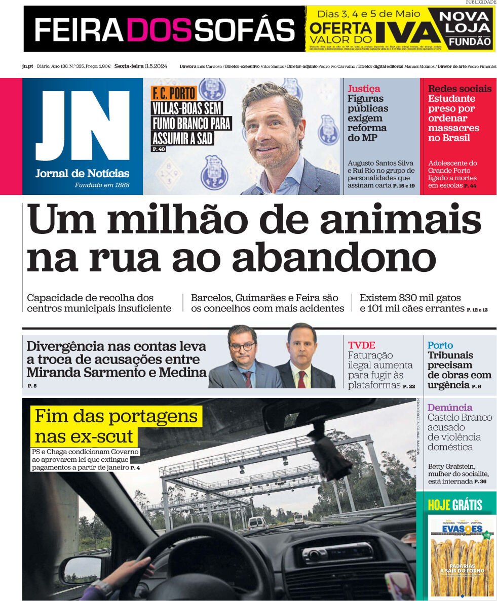 Jornal de Not&iacute;cias: Capa da Edi&ccedil;&atilde;o de sexta-feira, 03 de maio 2024