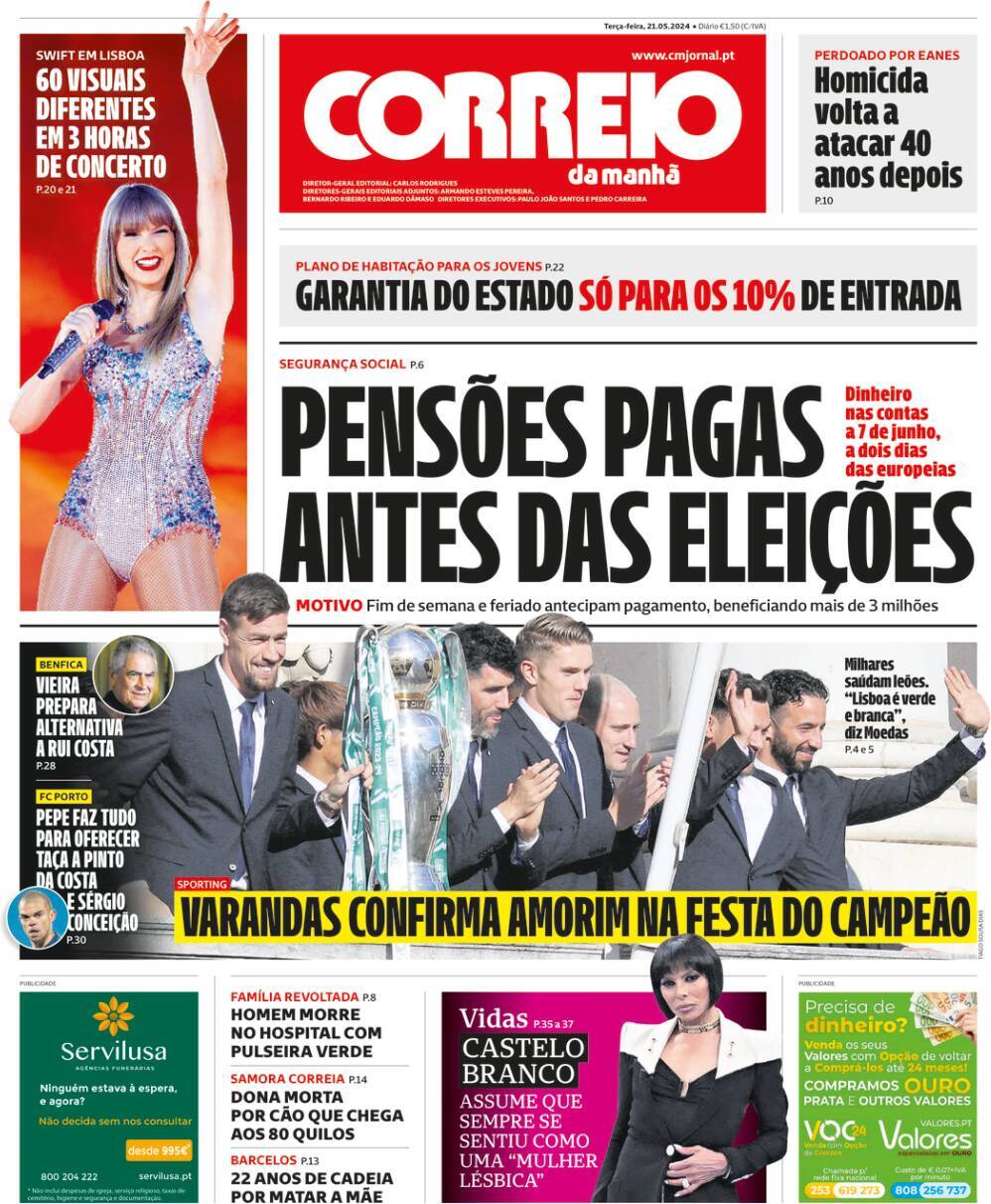 Correio da Manh&atilde;: Capa da Edi&ccedil;&atilde;o de ter&ccedil;a-feira, 21 de maio 2024
