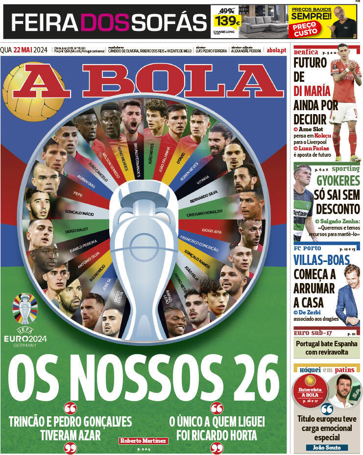 A Bola: Capa da Edi&ccedil;&atilde;o de quarta-feira, 22 de maio 2024