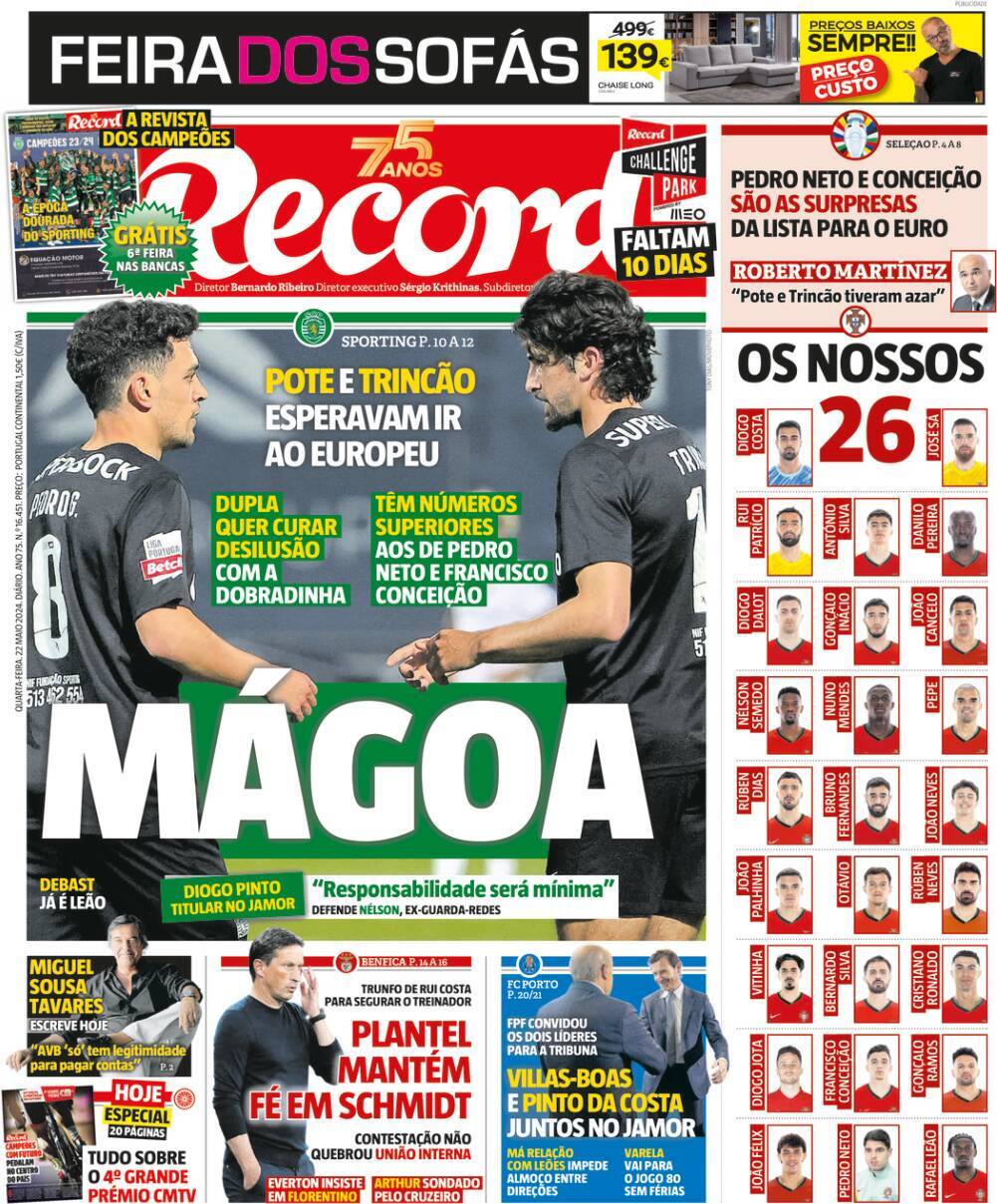 Record: Capa da Edi&ccedil;&atilde;o de quarta-feira, 22 de maio 2024