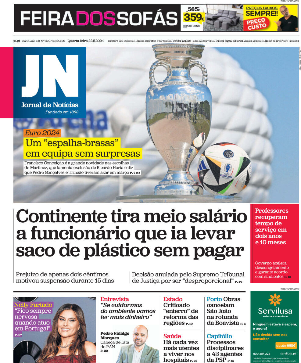 Jornal de Not&iacute;cias: Capa da Edi&ccedil;&atilde;o de quarta-feira, 22 de maio 2024