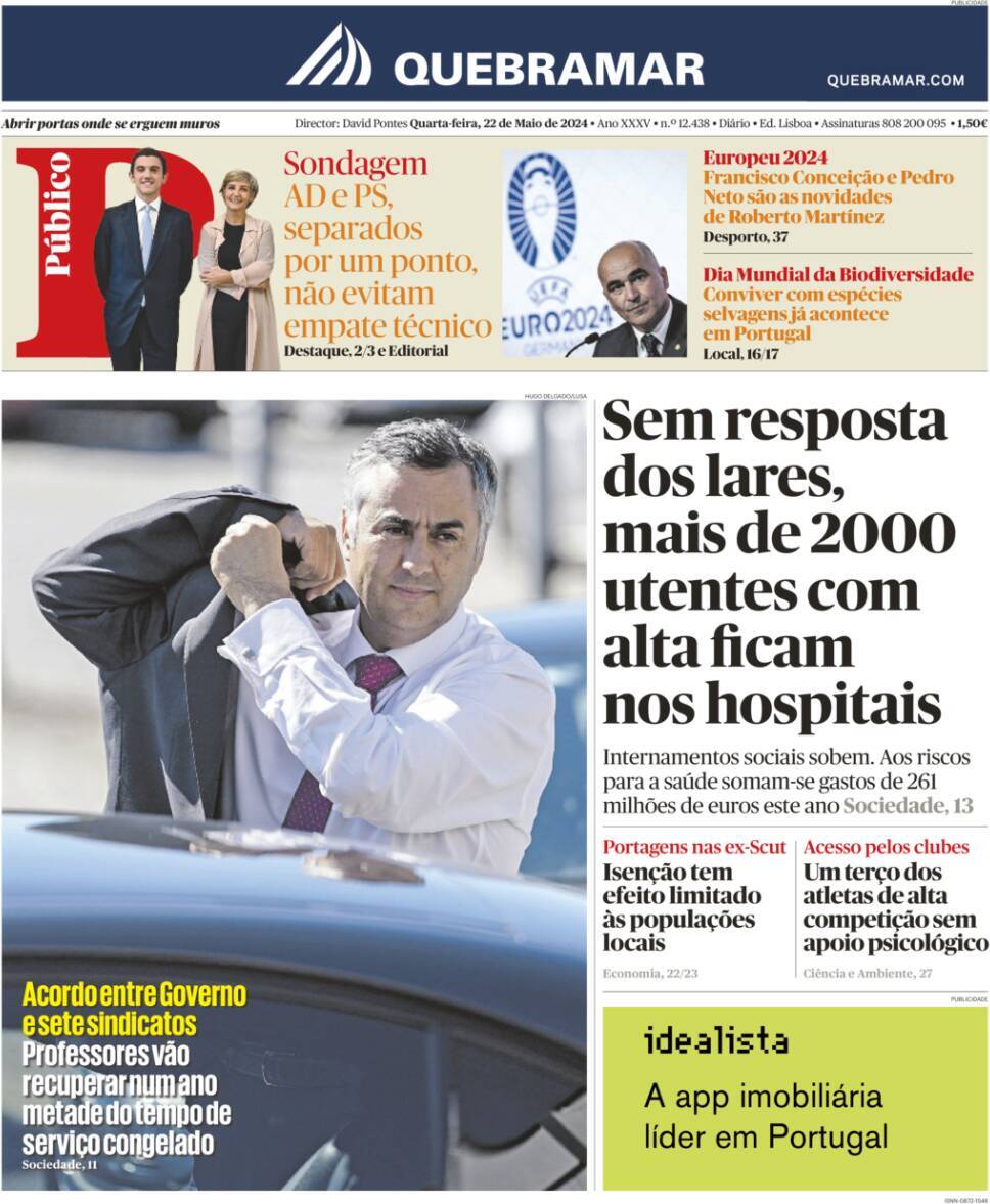 P&uacute;blico: Capa da Edi&ccedil;&atilde;o de quarta-feira, 22 de maio 2024