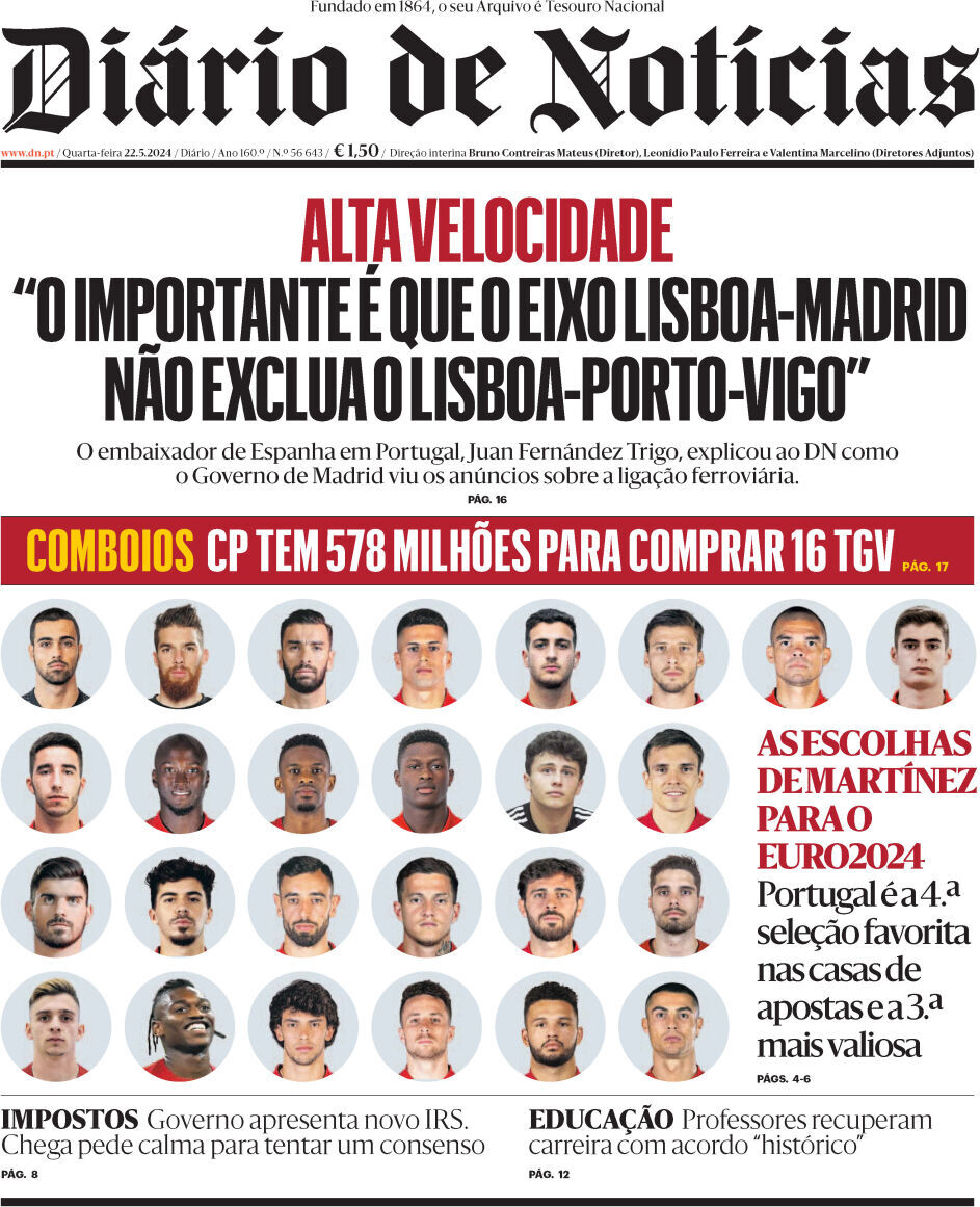 Di&aacute;rio de Not&iacute;cias: Capa da Edi&ccedil;&atilde;o de quarta-feira, 22 de maio 2024