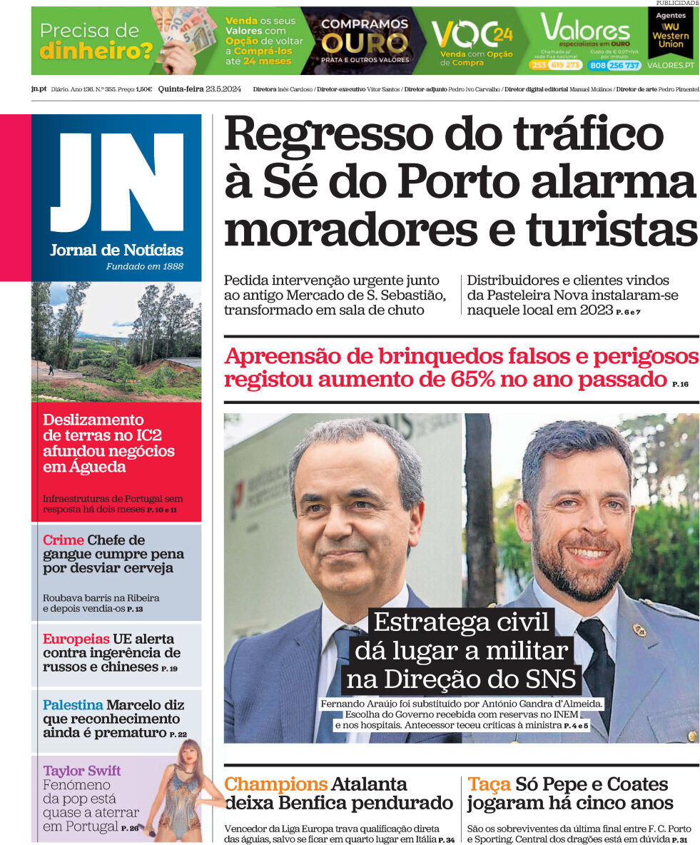 Jornal de Not&iacute;cias: Capa da Edi&ccedil;&atilde;o de quinta-feira, 23 de maio 2024