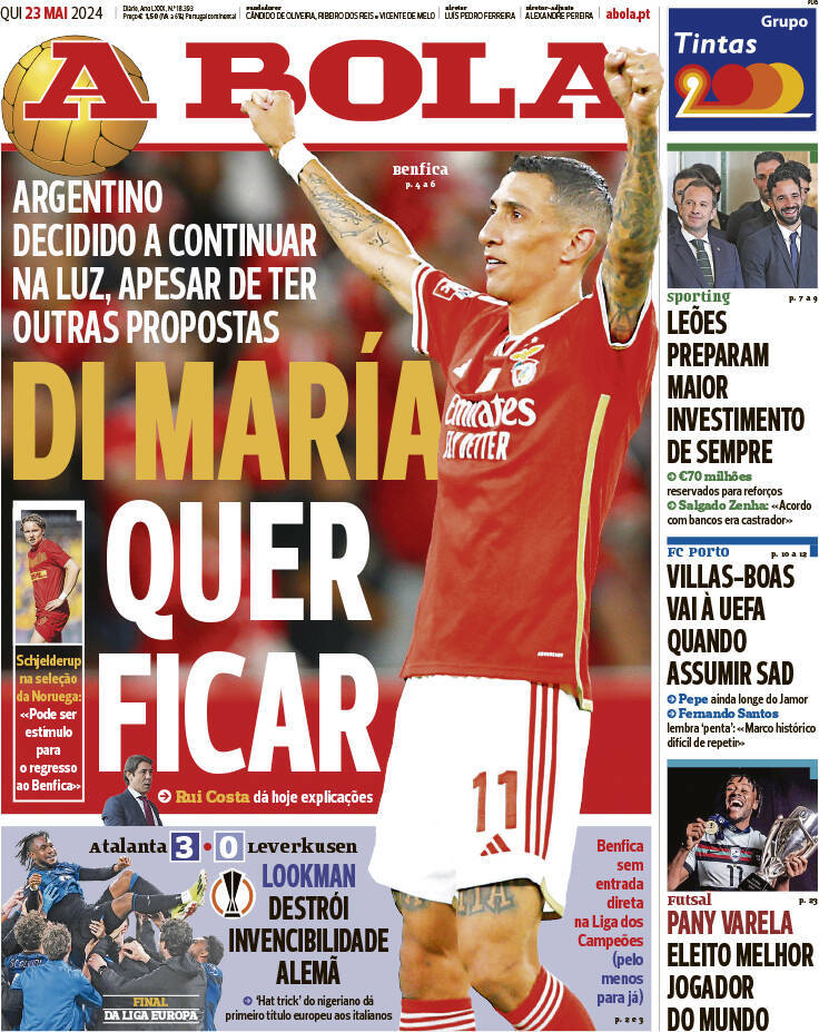 A Bola: Capa da Edi&ccedil;&atilde;o de quinta-feira, 23 de maio 2024
