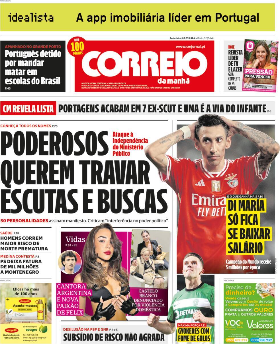 Correio da Manh&atilde;: Capa da Edi&ccedil;&atilde;o de sexta-feira, 03 de maio 2024