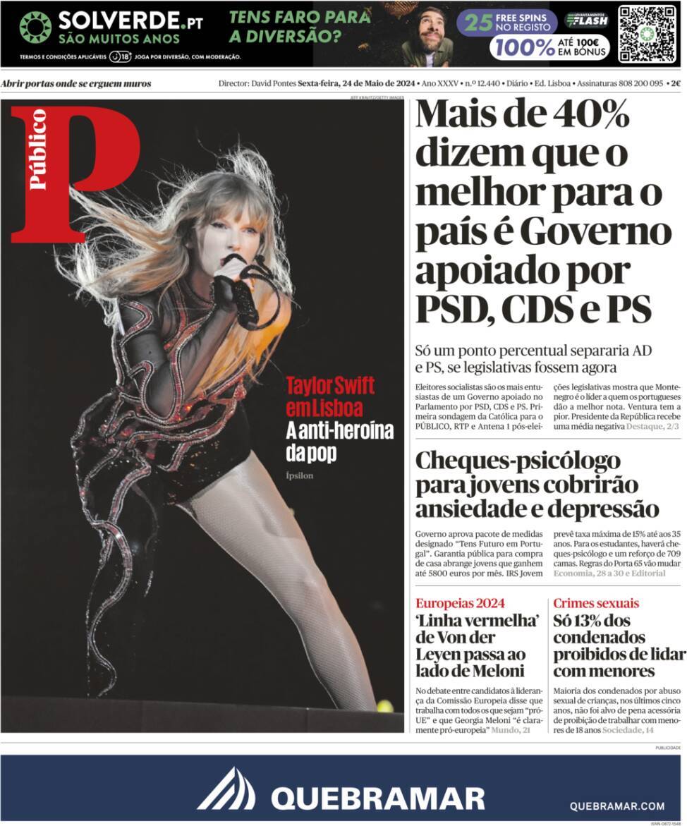 P&uacute;blico: Capa da Edi&ccedil;&atilde;o de sexta-feira, 24 de maio 2024
