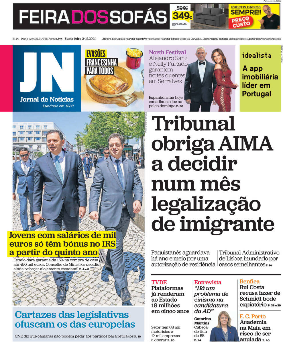 Jornal de Not&iacute;cias: Capa da Edi&ccedil;&atilde;o de sexta-feira, 24 de maio 2024