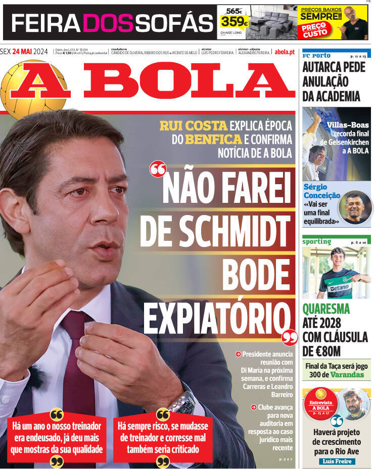 A Bola: Capa da Edi&ccedil;&atilde;o de sexta-feira, 24 de maio 2024