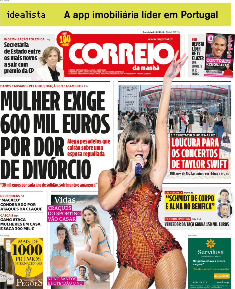 Correio da Manh&atilde;: Capa da Edi&ccedil;&atilde;o de sexta-feira, 24 de maio 2024