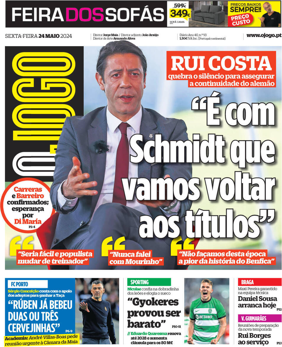 O Jogo: Capa da Edi&ccedil;&atilde;o de sexta-feira, 24 de maio 2024