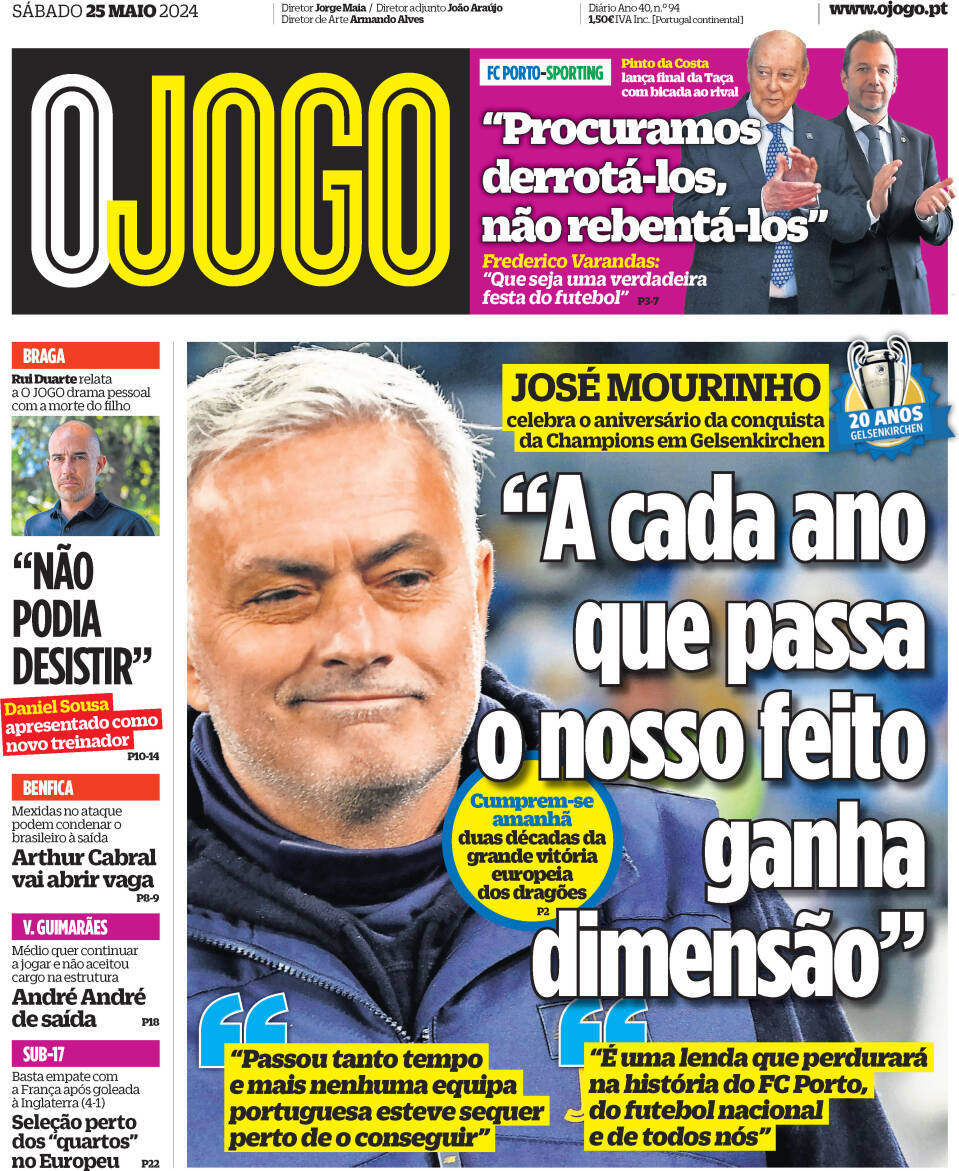 O Jogo: Capa da Edi&ccedil;&atilde;o de s&aacute;bado, 25 de maio 2024