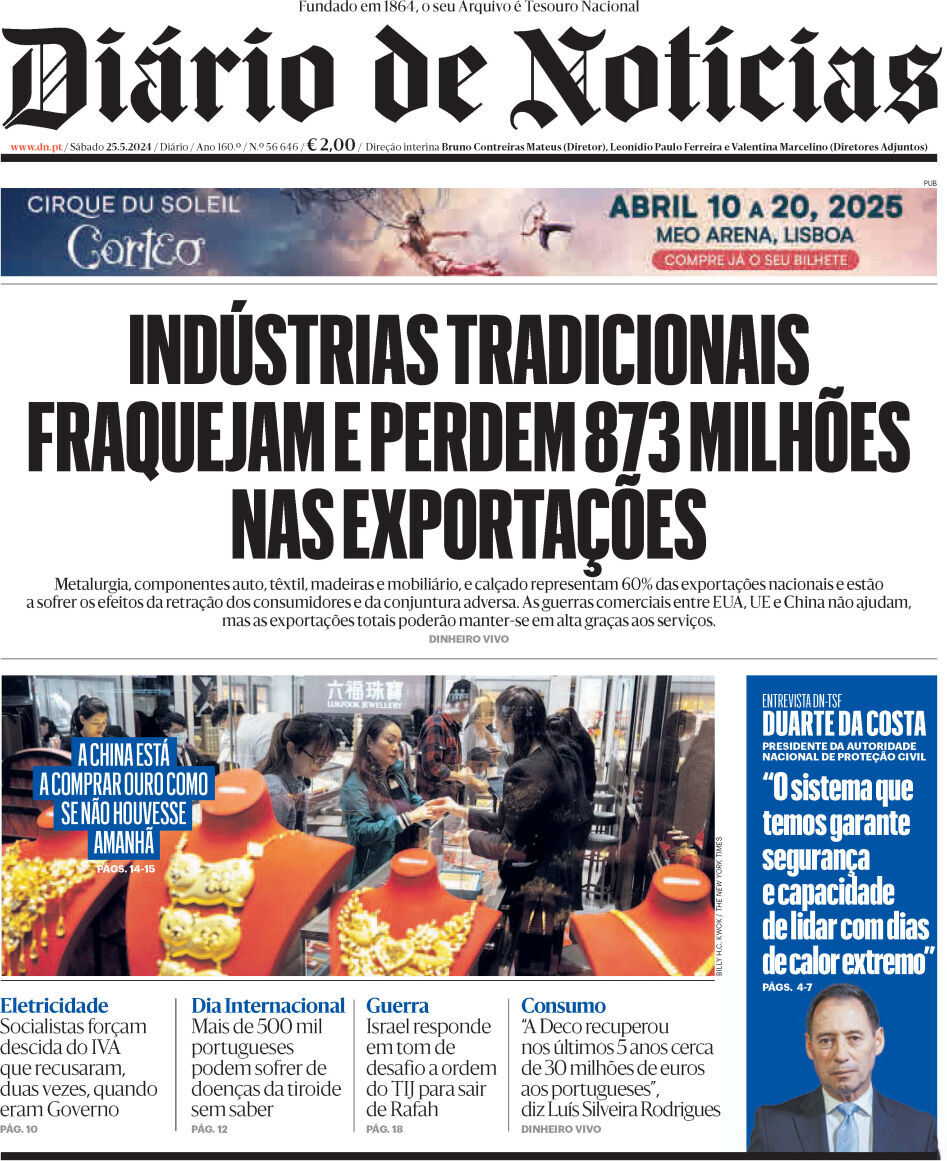 Di&aacute;rio de Not&iacute;cias: Capa da Edi&ccedil;&atilde;o de s&aacute;bado, 25 de maio 2024