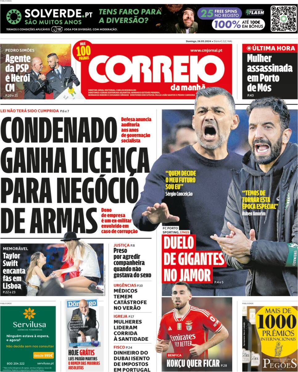 Correio da Manh&atilde;: Capa da Edi&ccedil;&atilde;o de domingo, 26 de maio 2024
