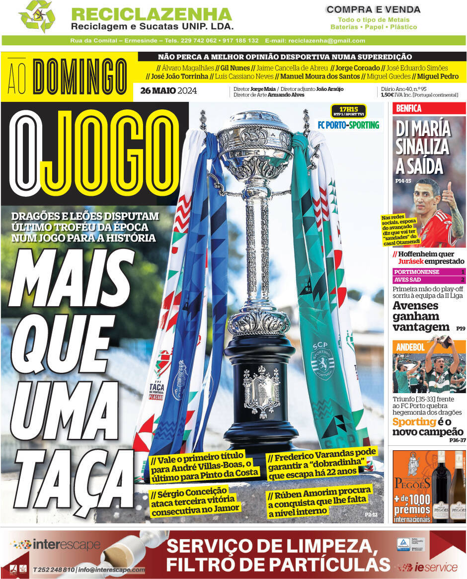 O Jogo: Capa da Edi&ccedil;&atilde;o de domingo, 26 de maio 2024