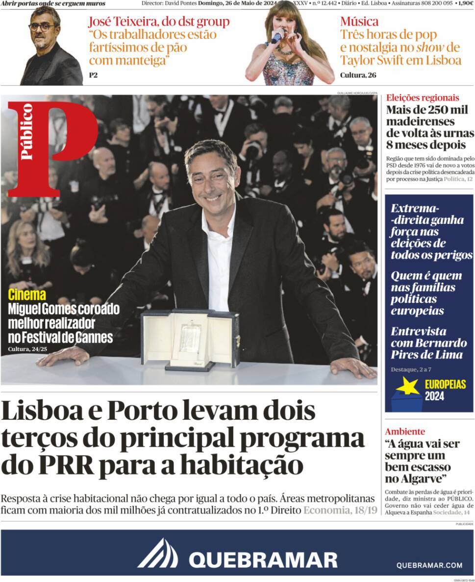 P&uacute;blico: Capa da Edi&ccedil;&atilde;o de domingo, 26 de maio 2024