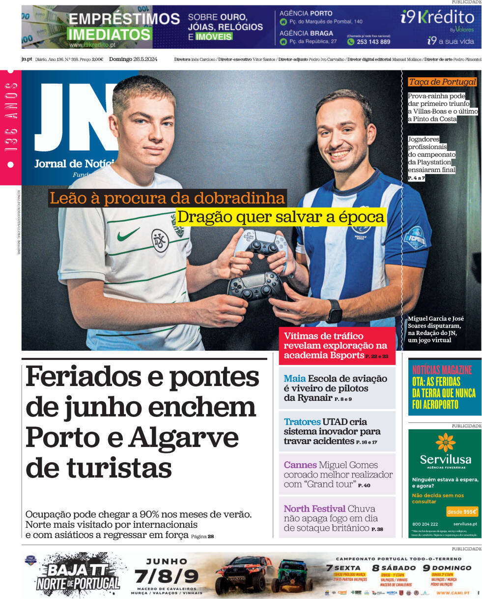 Jornal de Not&iacute;cias: Capa da Edi&ccedil;&atilde;o de domingo, 26 de maio 2024