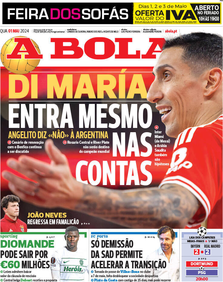 A Bola: Capa da Edi&ccedil;&atilde;o de quarta-feira, 01 de maio 2024