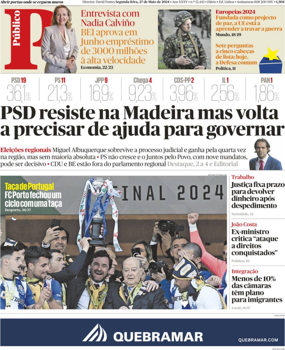 P&uacute;blico: Capa da Edi&ccedil;&atilde;o de segunda-feira, 27 de maio 2024