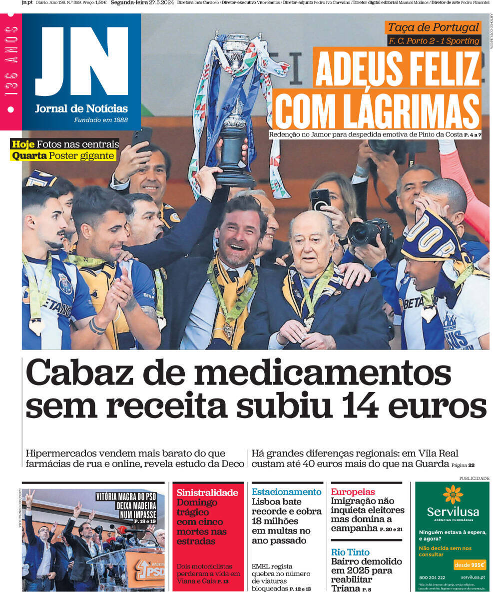 Jornal de Not&iacute;cias: Capa da Edi&ccedil;&atilde;o de segunda-feira, 27 de maio 2024
