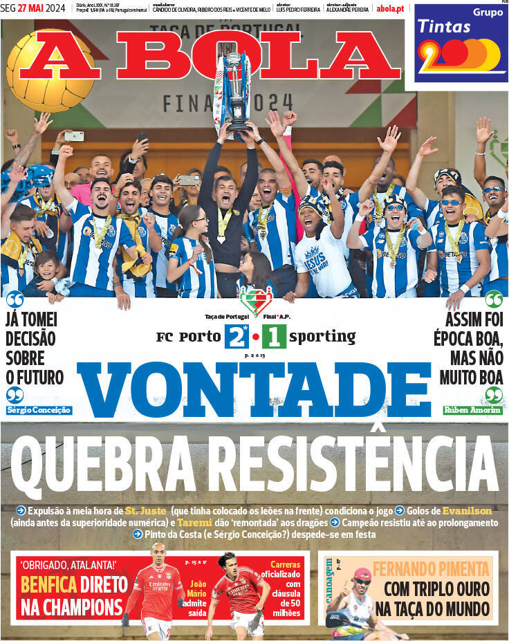 A Bola: Capa da Edi&ccedil;&atilde;o de segunda-feira, 27 de maio 2024