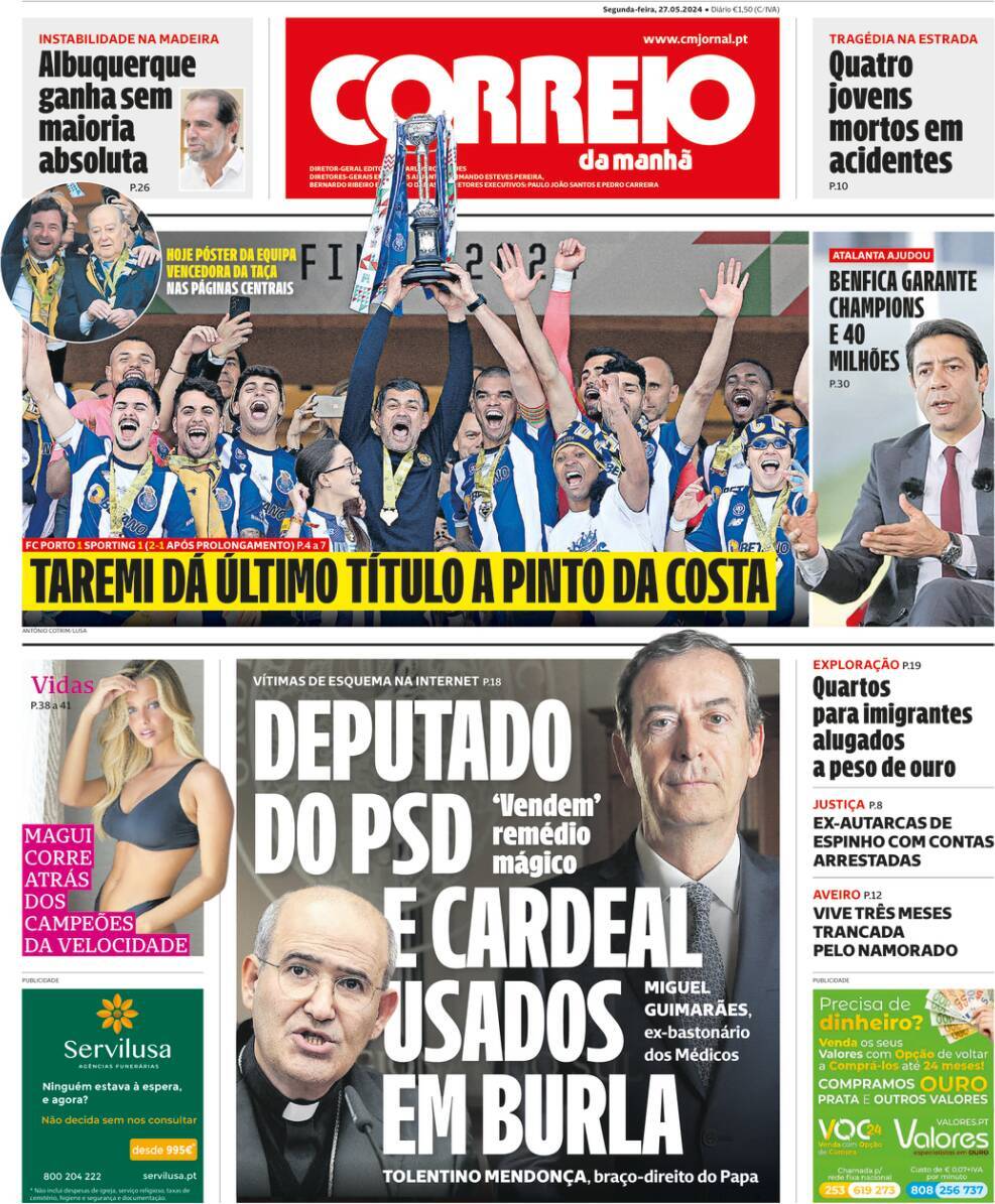 Correio da Manh&atilde;: Capa da Edi&ccedil;&atilde;o de segunda-feira, 27 de maio 2024