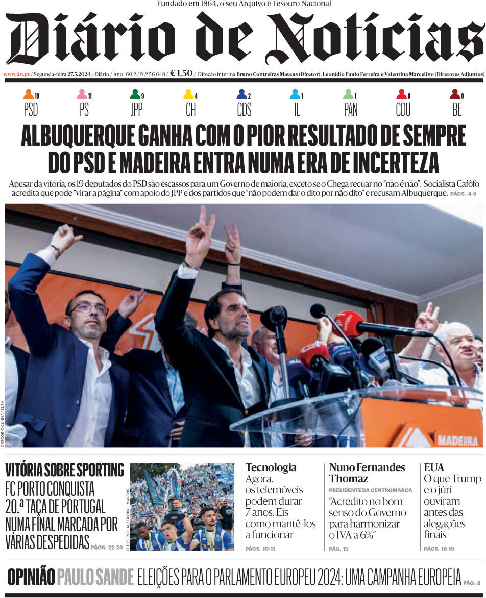 Di&aacute;rio de Not&iacute;cias: Capa da Edi&ccedil;&atilde;o de segunda-feira, 27 de maio 2024