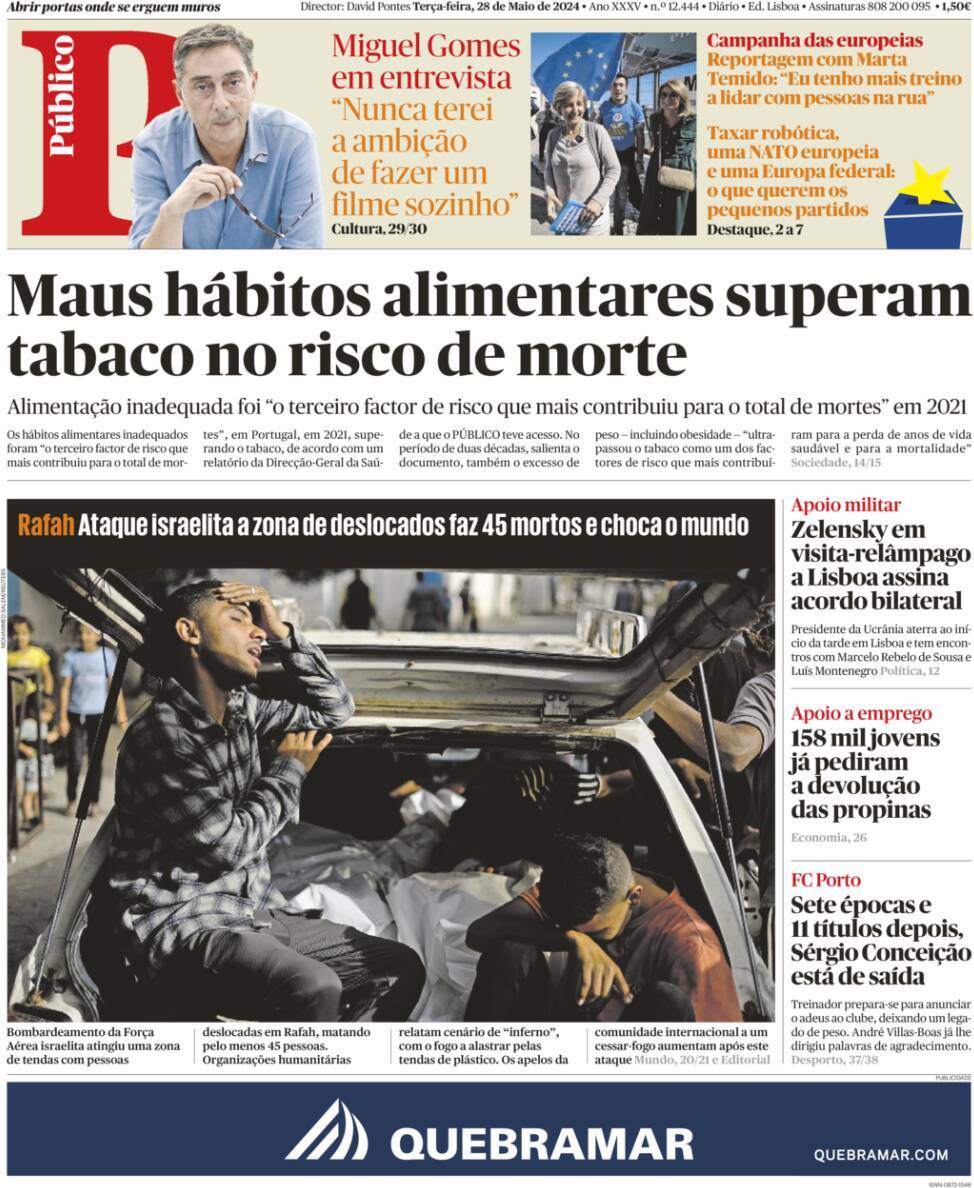 P&uacute;blico: Capa da Edi&ccedil;&atilde;o de ter&ccedil;a-feira, 28 de maio 2024
