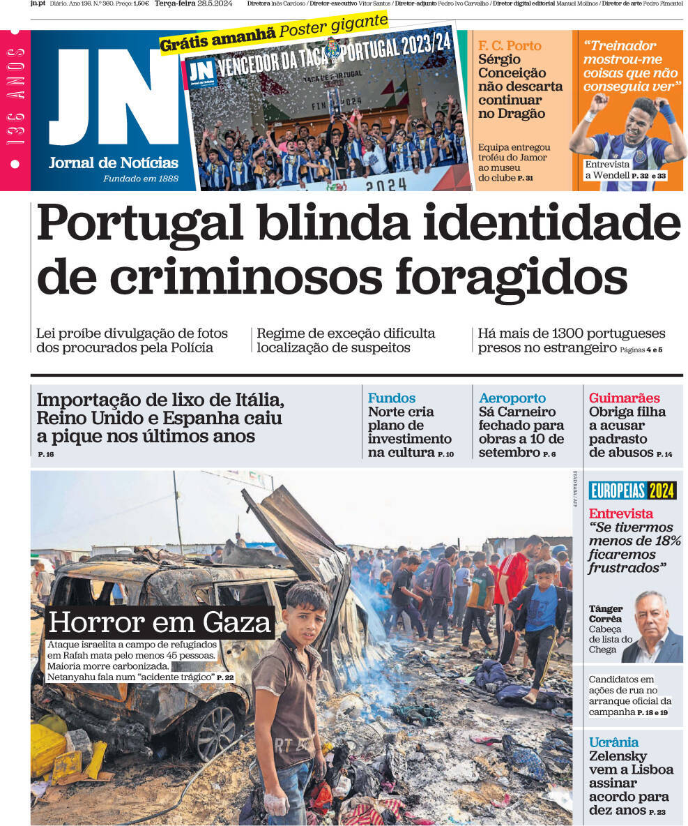 Jornal de Not&iacute;cias: Capa da Edi&ccedil;&atilde;o de ter&ccedil;a-feira, 28 de maio 2024