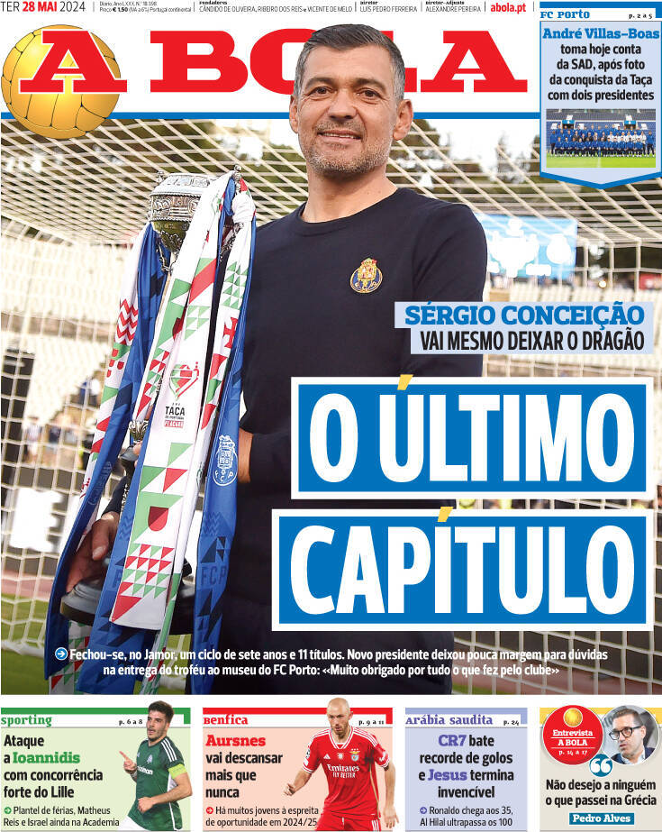 A Bola: Capa da Edi&ccedil;&atilde;o de ter&ccedil;a-feira, 28 de maio 2024