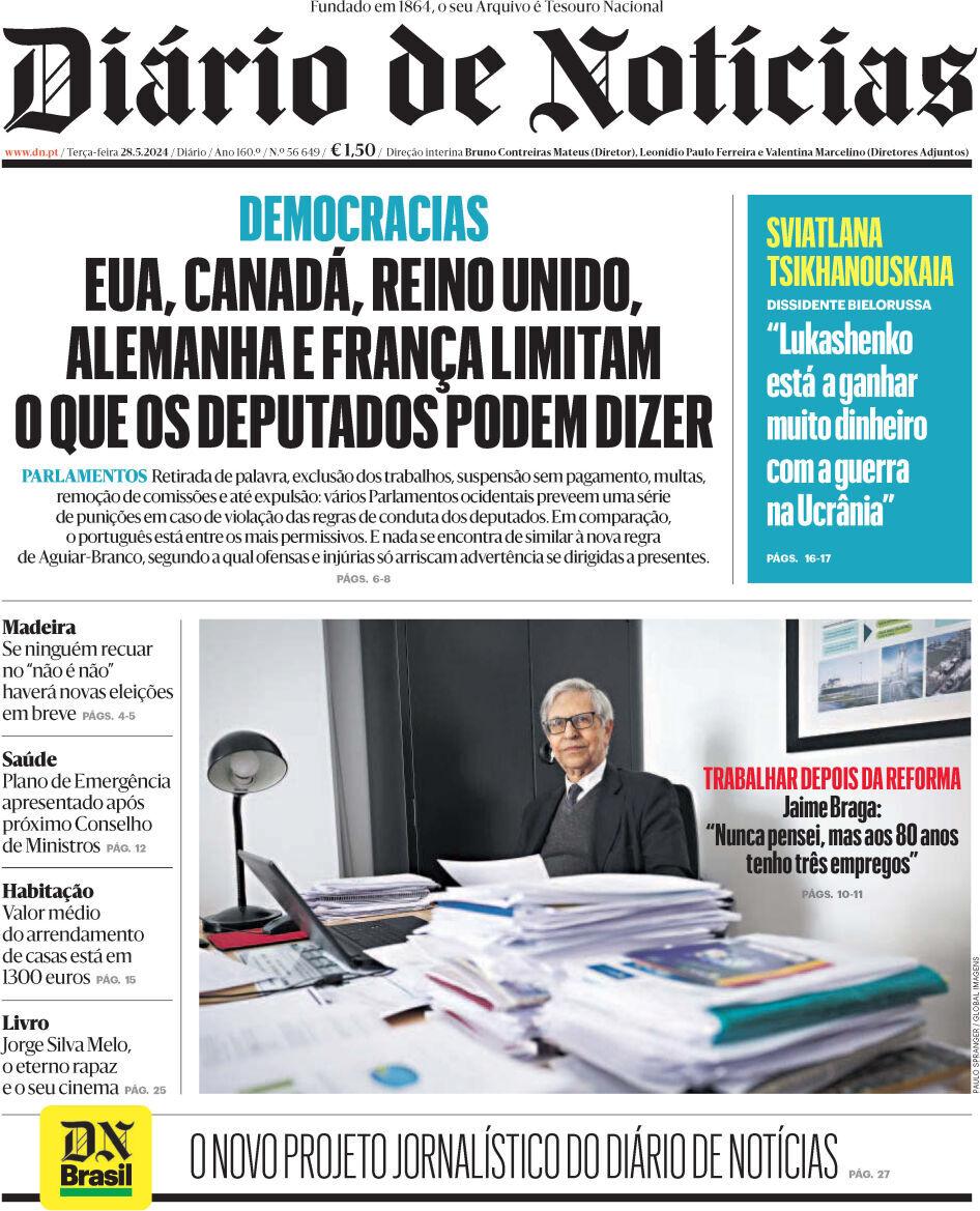 Di&aacute;rio de Not&iacute;cias: Capa da Edi&ccedil;&atilde;o de ter&ccedil;a-feira, 28 de maio 2024