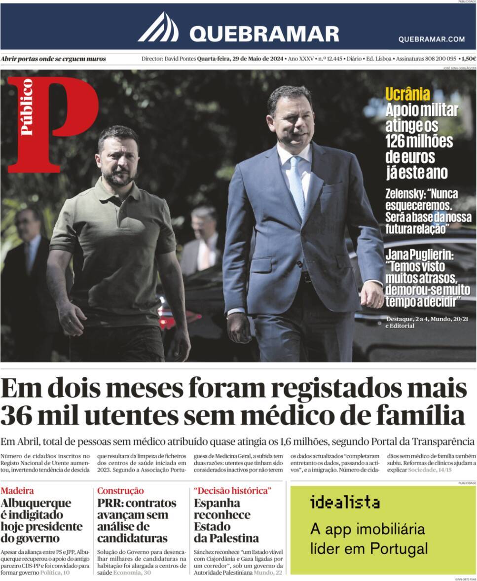P&uacute;blico: Capa da Edi&ccedil;&atilde;o de quarta-feira, 29 de maio 2024