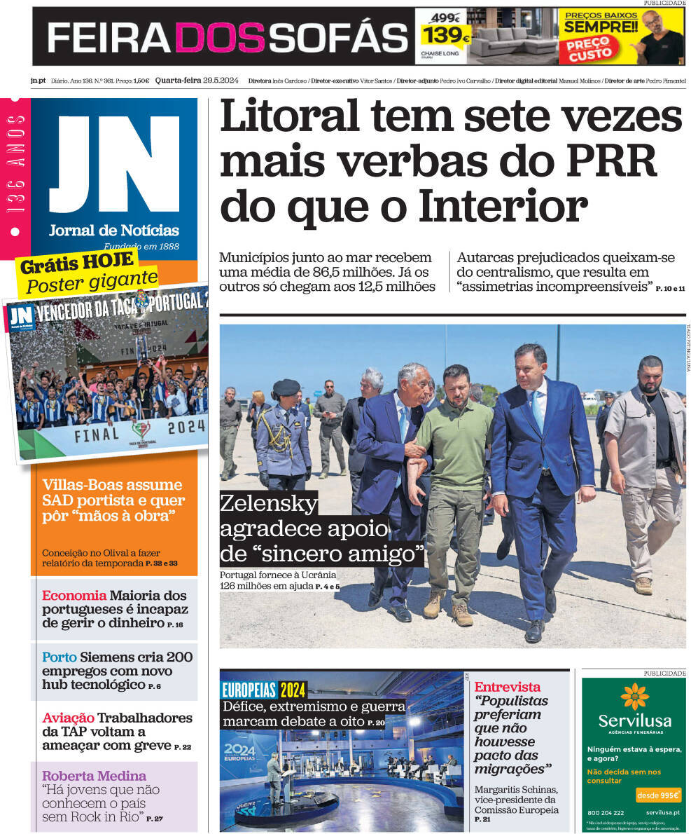 Jornal de Not&iacute;cias: Capa da Edi&ccedil;&atilde;o de quarta-feira, 29 de maio 2024