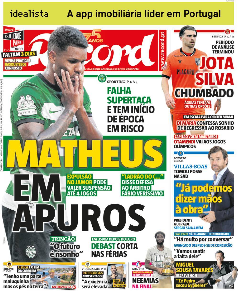 Record: Capa da Edi&ccedil;&atilde;o de quarta-feira, 29 de maio 2024