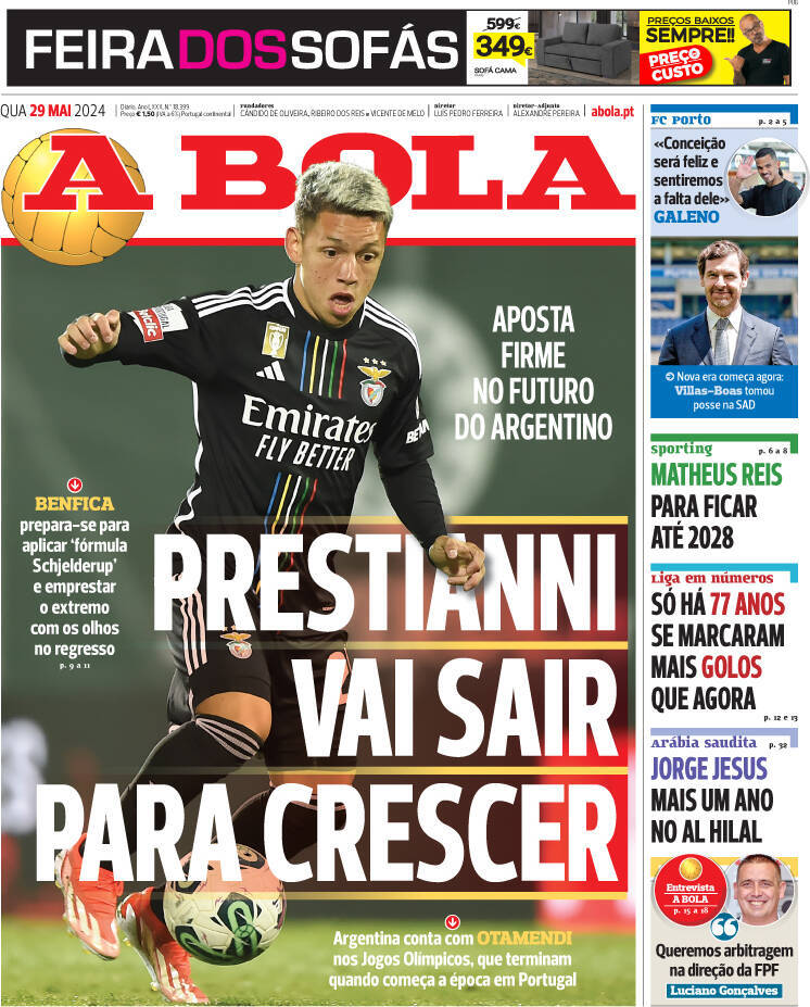 A Bola: Capa da Edi&ccedil;&atilde;o de quarta-feira, 29 de maio 2024