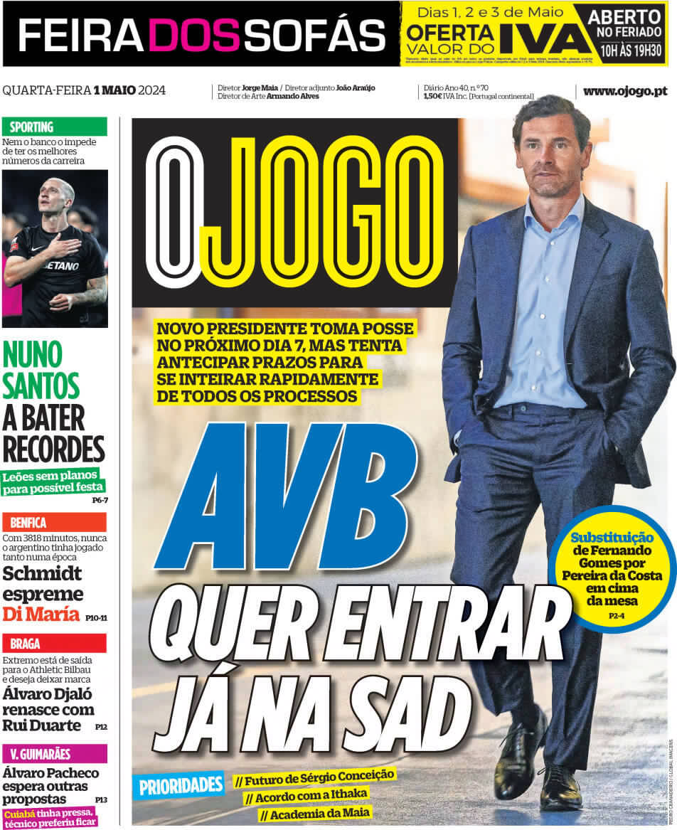 O Jogo: Capa da Edi&ccedil;&atilde;o de quarta-feira, 01 de maio 2024