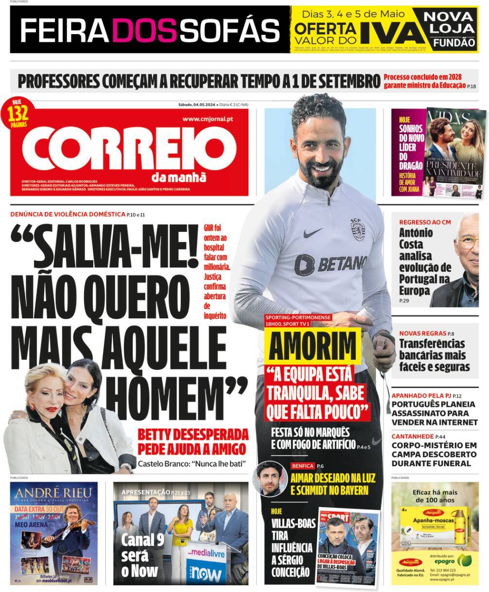 Correio da Manh&atilde;: Capa da Edi&ccedil;&atilde;o de s&aacute;bado, 04 de maio 2024