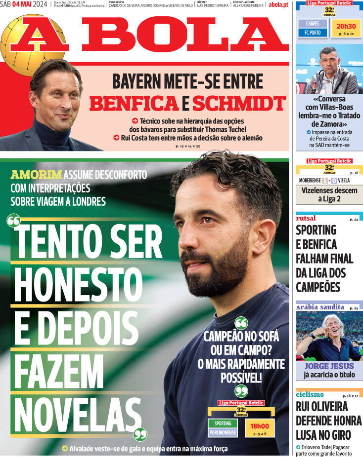 A Bola: Capa da Edi&ccedil;&atilde;o de s&aacute;bado, 04 de maio 2024